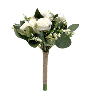 Brudebuket af kunstige hvide roser og eukalyptusblade